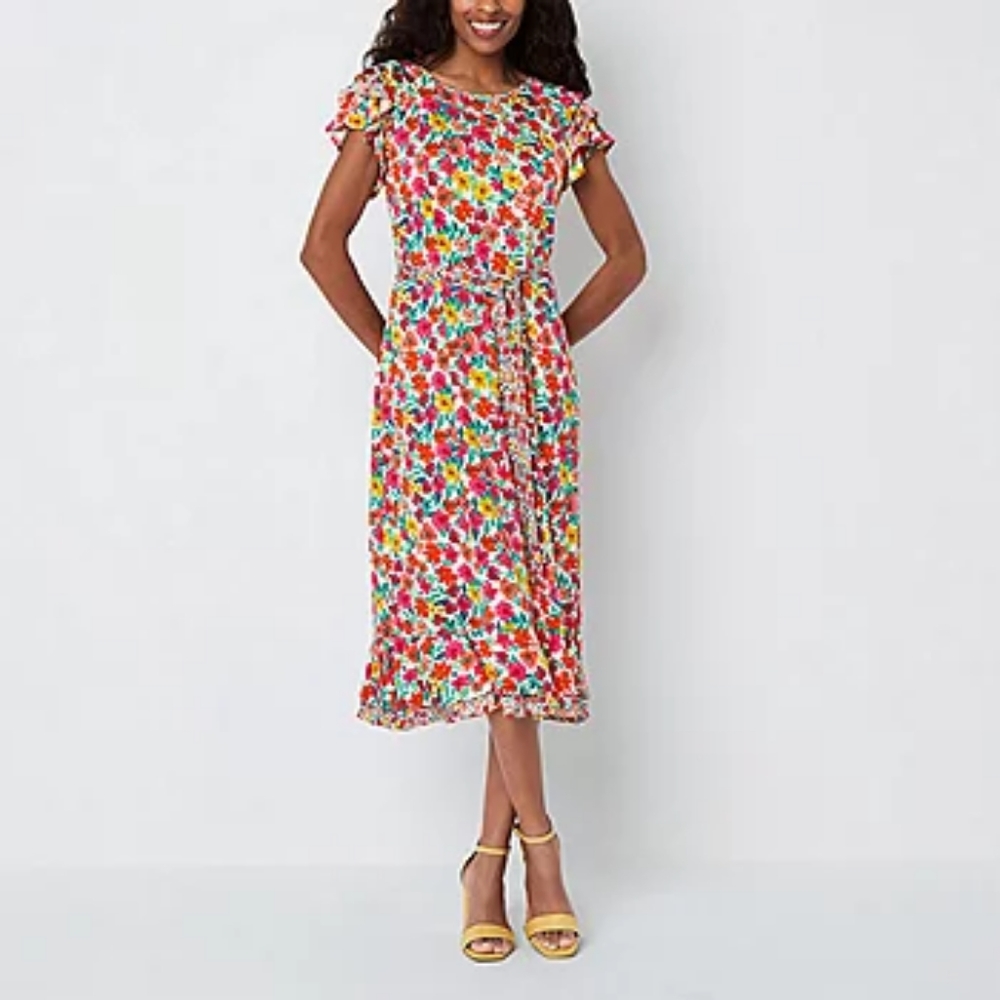 Perceptions Short Sleeve Floral Midi Fit + Flare Dress XL Pink Coral NWT